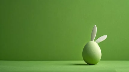 Poster  a green easter egg with a white rabbit's tail sticking out of it's side on a green surface. © Anna