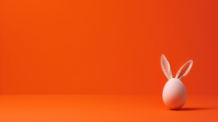  a white egg with a rabbit's ear sticking out of it's side on a bright orange background. - obrazy, fototapety, plakaty