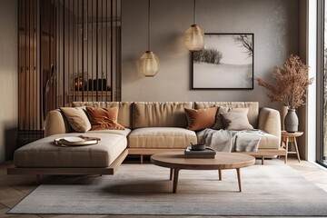 Warm toned living room with a corner sofa and stone coffee table, inspired by Scandinavia. Wooden surfaces. vertical mock up of a poster