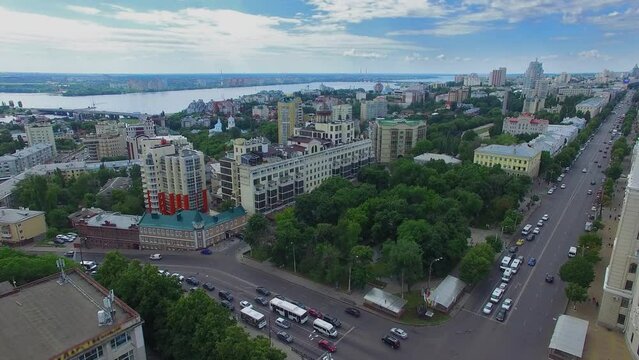Townscape of Voronezh with transport traffic and riverside regions