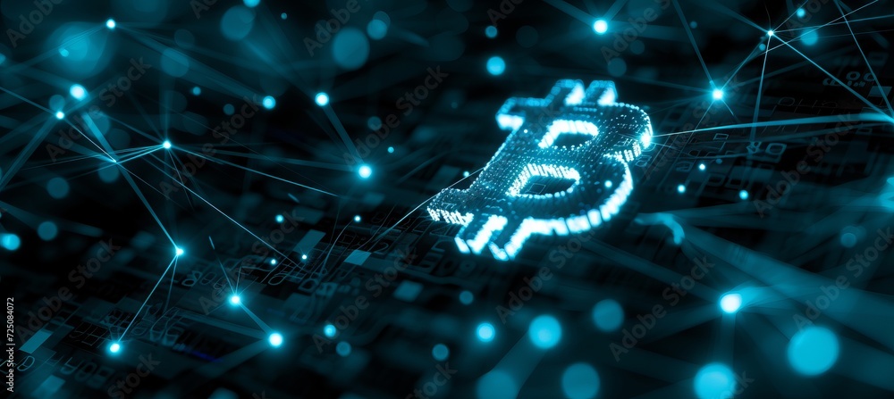 Poster futuristic holographic display of a shining crypto icon with interactive features and copy space