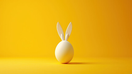  a white egg with a rabbit's tail sticking out of it's side on a yellow background with a yellow background. - obrazy, fototapety, plakaty