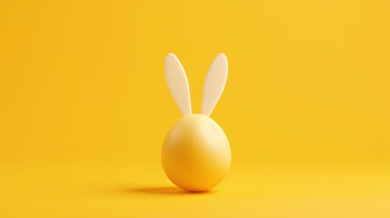 Fototapeta na wymiar a yellow egg with a white bunny's ears sticking out of it's side on a yellow background.