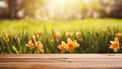 Empty wood table top on blur abstract green from garden and house background. For product display
