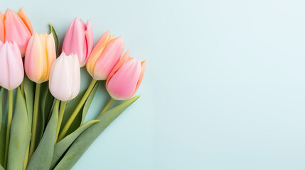 Kwiatowe błękitne minimalistyczne tło na życzenia z okazji Dnia Kobiet, Dnia Matki, Dnia Babci, Urodzin czy pierwszego dnia wiosny. Szablon na baner lub mockup z ściętymi tulipanami.  - obrazy, fototapety, plakaty