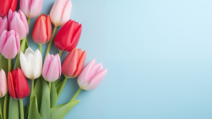 Kwiatowe błękitne minimalistyczne tło na życzenia z okazji Dnia Kobiet, Dnia Matki, Dnia Babci, Urodzin czy pierwszego dnia wiosny z tulipanami. Szablon na baner lub mockup.  - obrazy, fototapety, plakaty