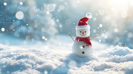 Naklejka na ściany i meble knitted little snowman in the snow on a blur background. generative AI