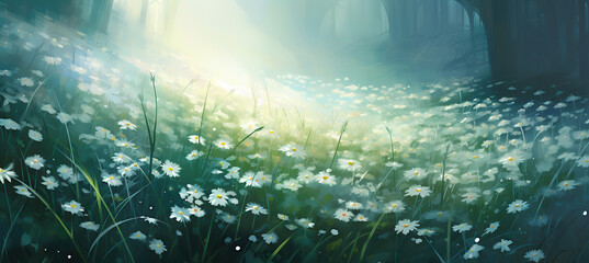 Fototapeta premium Flowers and grass in a sunny day. Spring and summer concept.