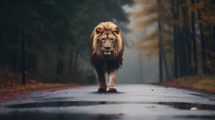 A wild lion in the middle of a road. A car behind.
 - obrazy, fototapety, plakaty