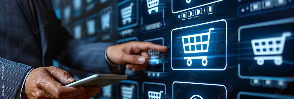 Poster global e commerce network connection secure business transactions and holographic innovations