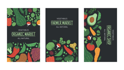 Vegetable banners. Farm market veggie food backdrop, organic tomato, pepper and radish flat vector background illustration set. Healthy vegetarian food posters