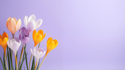 Kwiatowe fioletowe minimalistyczne tło z krokusami na życzenia z okazji Dnia Kobiet, Dnia Matki, Dnia Babci, Urodzin czy pierwszego dnia wiosny. Szablon na baner lub mockup. 