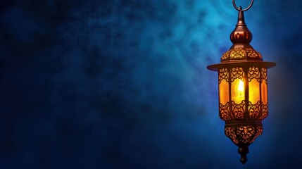 Fototapeta na wymiar Muslim lamp lantern in the dark blue background. copy space. generative AI
