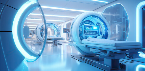 Futuristic hospital with Magnetic resonance imaging scan or MRI machine device. blue tones. - obrazy, fototapety, plakaty