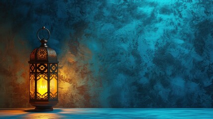 Muslim lamp lantern in the dark blue background. copy space. generative AI