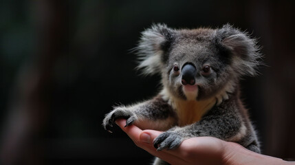 Fototapeta premium a close up of a person holding a small koala in their hand in front of a blurry background.