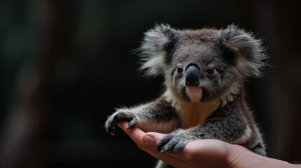  a close up of a person holding a small koala in their hand in front of a blurry background.