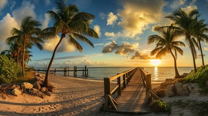 Obraz premium Panoramic view of footbridge to the beach at sunrise. generative AI image