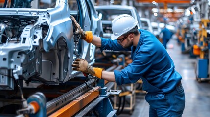Engineer worker in automotive factory  car manufacturing process, assembly line production