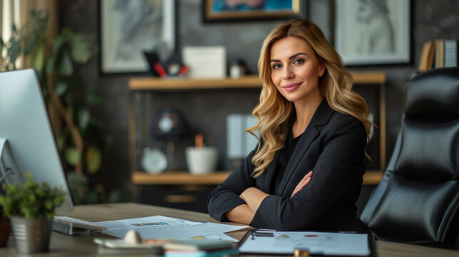 Business woman sitting in her office. She is wearing a black suit jacket and her arms are folded. She is smiling. Portrait of a CEO or supervisor.