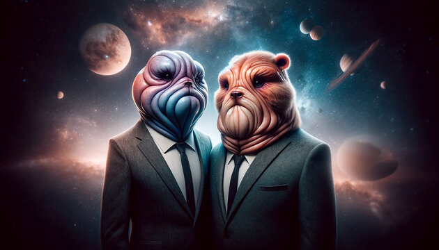 Two extraterrestrial, animal-like alien creatures with business suits in front of blurred space background 