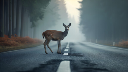 A wild deer in the middle of a road. A car behind.
