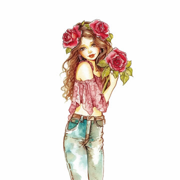 Beautiful girl holding roses watercolor paint