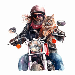 Man riding a motorcycle with his cat watercolor paint 