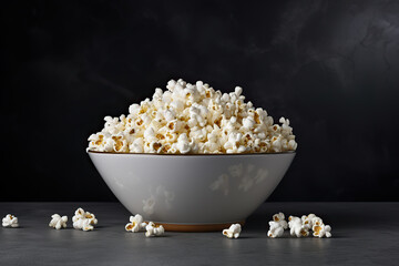 Popcorn in a ceramic bowl placed on a dark background.