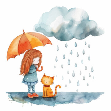 Little girl with her cat holding an umbrella in the rain watercolor paint 