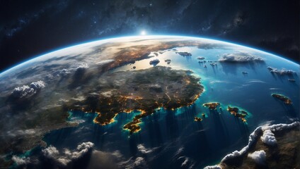 Picture a breathtaking view of Earth from space, with its stunning blue oceans, swirling clouds, and vibrant city lights.