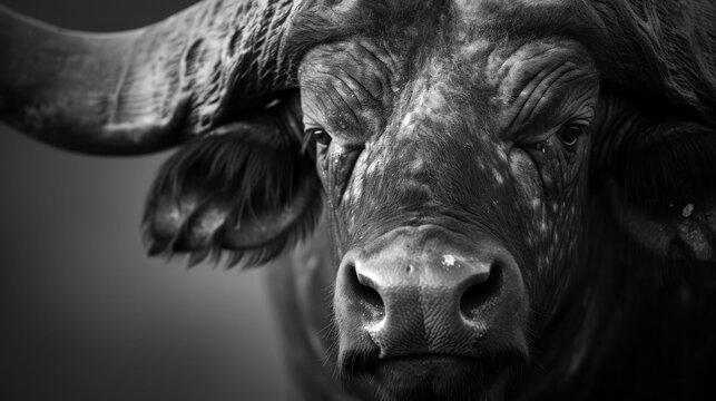  a black and white photo of a bull's head with very long horns and wrinkled fur on it's ears.