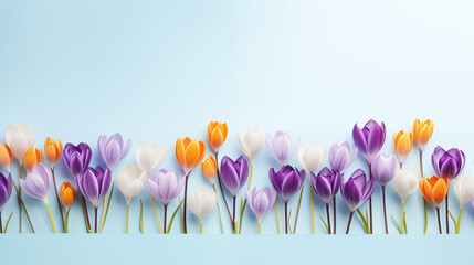 Kwiatowe błękitne minimalistyczne tło  z krokusami na życzenia z okazji Dnia Kobiet, Dnia Matki, Dnia Babci, Urodzin czy pierwszego dnia wiosny. Szablon na baner lub mockup.  - obrazy, fototapety, plakaty