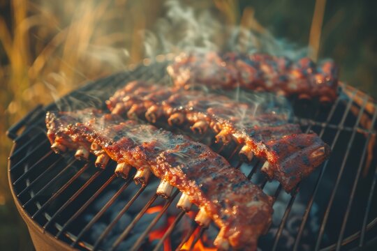 Smoky meat sizzles on a churrasco grill, evoking the mouthwatering aroma of outdoor barbecue and the excitement of indulging in a mixed grill feast