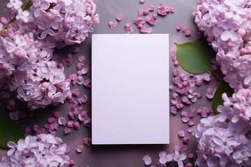 mockup white blank paper sheet with lilac flowers top view, floral template empty card flat lay for design with copy space