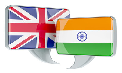Speech balloons with British and Indian flags. English-Indian conversation concept, 3D rendering isolated on transparent background