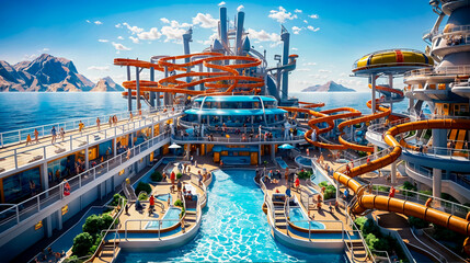 Cruise ship with water slide and water slides on the side of it.