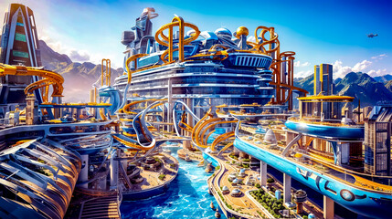 Rendering of cruise ship with water slide in the middle of it.