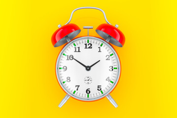Red alarm clock front view, 3D rendering on orange backdrop