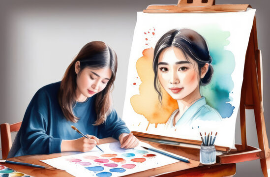 asian girl drawing on sheet of paper, watercolor illustration. creative hobby, doing homework