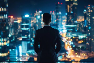 A solitary figure stands amidst the towering skyscrapers, bathed in the city lights, his dark clothing blending with the night as he gazes upon the bustling streets below
