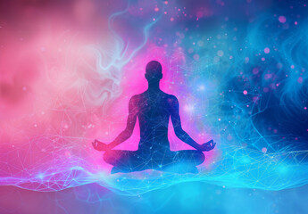 Astral travel through meditation, listening to the frequencies of the universe , woman practicing yoga	