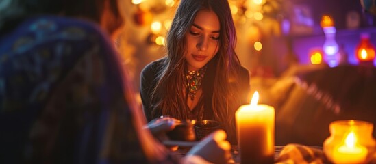 Close-up view of fortune teller reading coffee grounds during a seance with young woman in dim lighting.