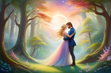 A romantic couple in a fairy-tale forest, happy man and a woman hug. Illustration by Generative AI.