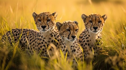  three cheetah sitting in the tall grass in a field of tall grass, with one looking at the camera and the other looking at the camera.
