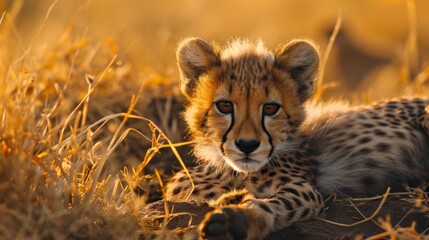 Obraz premium a cheetah cub is laying in the grass and looking at the camera with a curious look on its face.