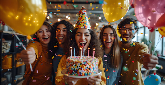 Latino youth, group of friends celebrating a birthday in the office