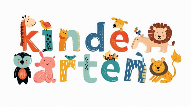 "kindergarten" text with different animals.