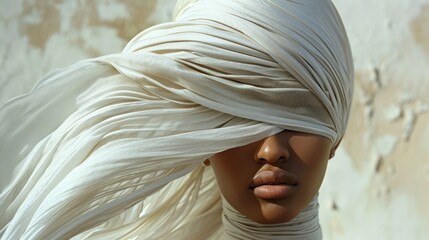 a close up of a mannequin's head wearing a white turban with hair blowing in the wind. - obrazy, fototapety, plakaty