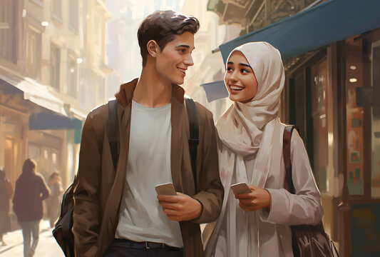 Lovely Muslim couple walking in a street and talking